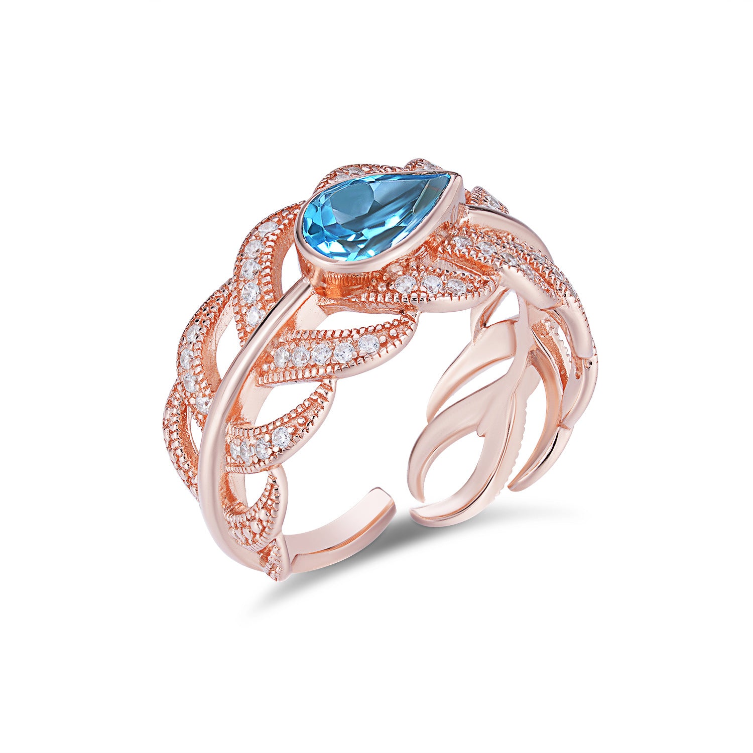 S925 Sterling Silver Gem Inlaid Women's Luxury Swiss Blue Topaz  Personality Feather Ring