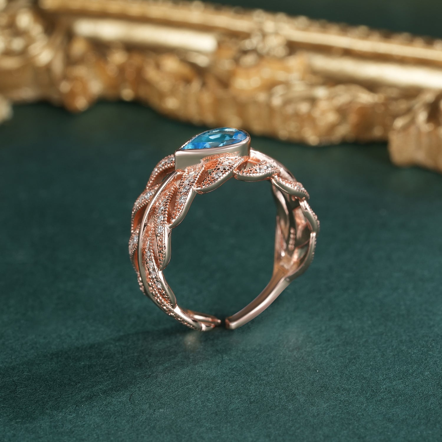 S925 Sterling Silver Gem Inlaid Women's Luxury Swiss Blue Topaz  Personality Feather Ring
