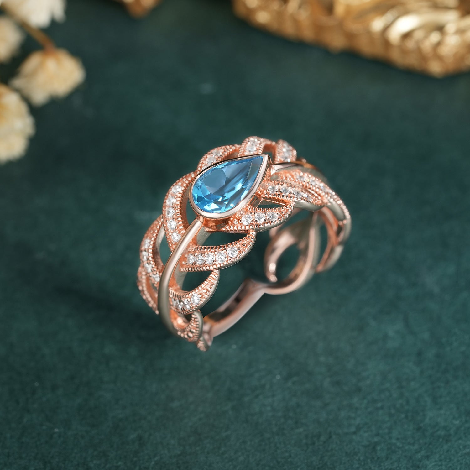 S925 Sterling Silver Gem Inlaid Women's Luxury Swiss Blue Topaz  Personality Feather Ring