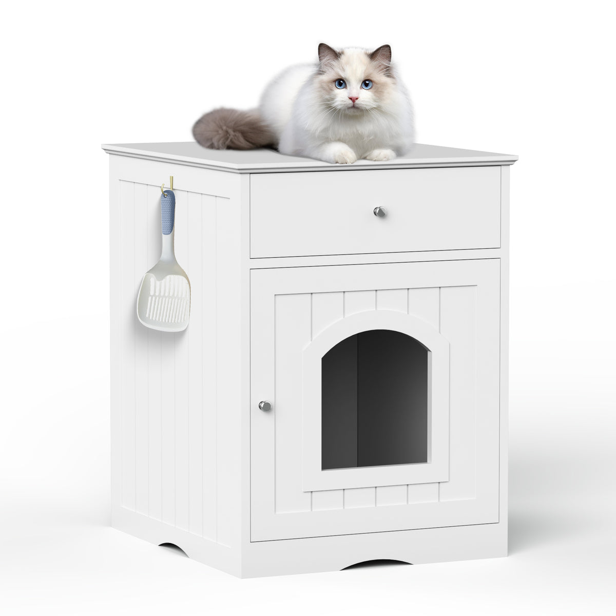 Wooden Pet House Cat Litter Box Enclosure With Drawer, Side Table, Indoor Pet Crate, Cat Home Nightstand White