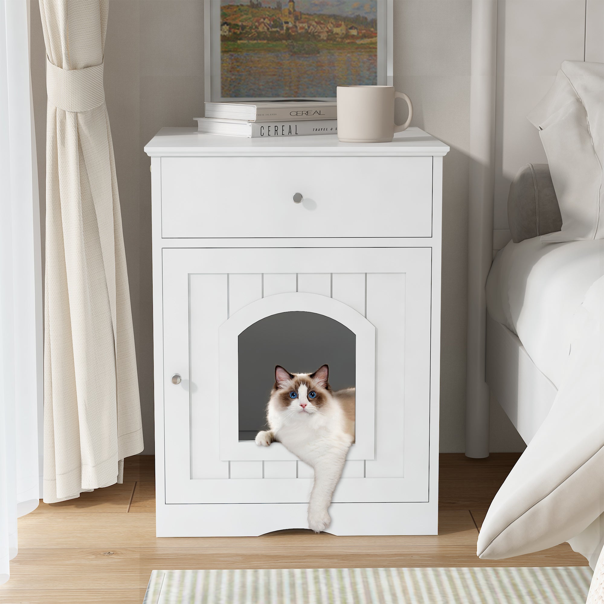Wooden Pet House Cat Litter Box Enclosure With Drawer, Side Table, Indoor Pet Crate, Cat Home Nightstand White