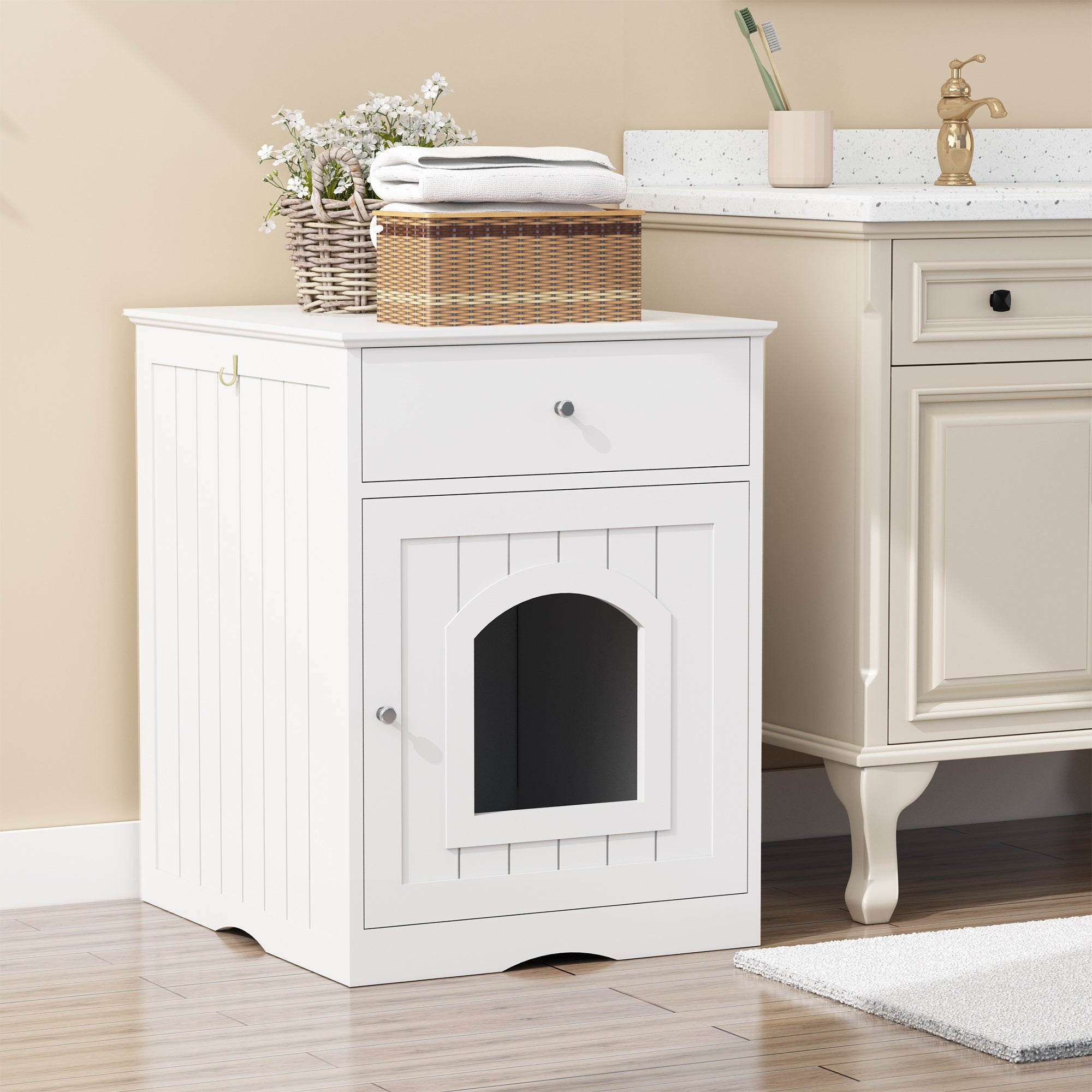 Wooden Pet House Cat Litter Box Enclosure With Drawer, Side Table, Indoor Pet Crate, Cat Home Nightstand White