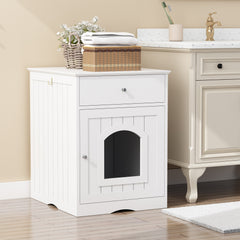 Wooden Pet House Cat Litter Box Enclosure With Drawer, Side Table, Indoor Pet Crate, Cat Home Nightstand White